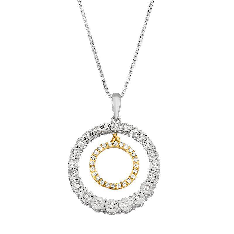 Two Tone Sterling Silver 1/5 Carat T.W. Diamond Double Circle Pendant, Womens Product Image