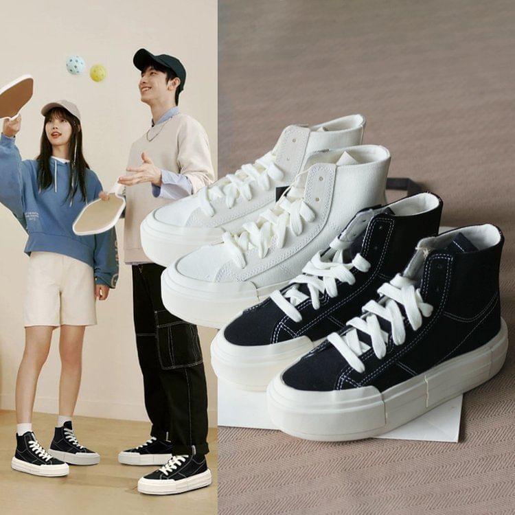 Couple Matching Platform Plain Lace-Up High Top Canvas Sneakers Product Image