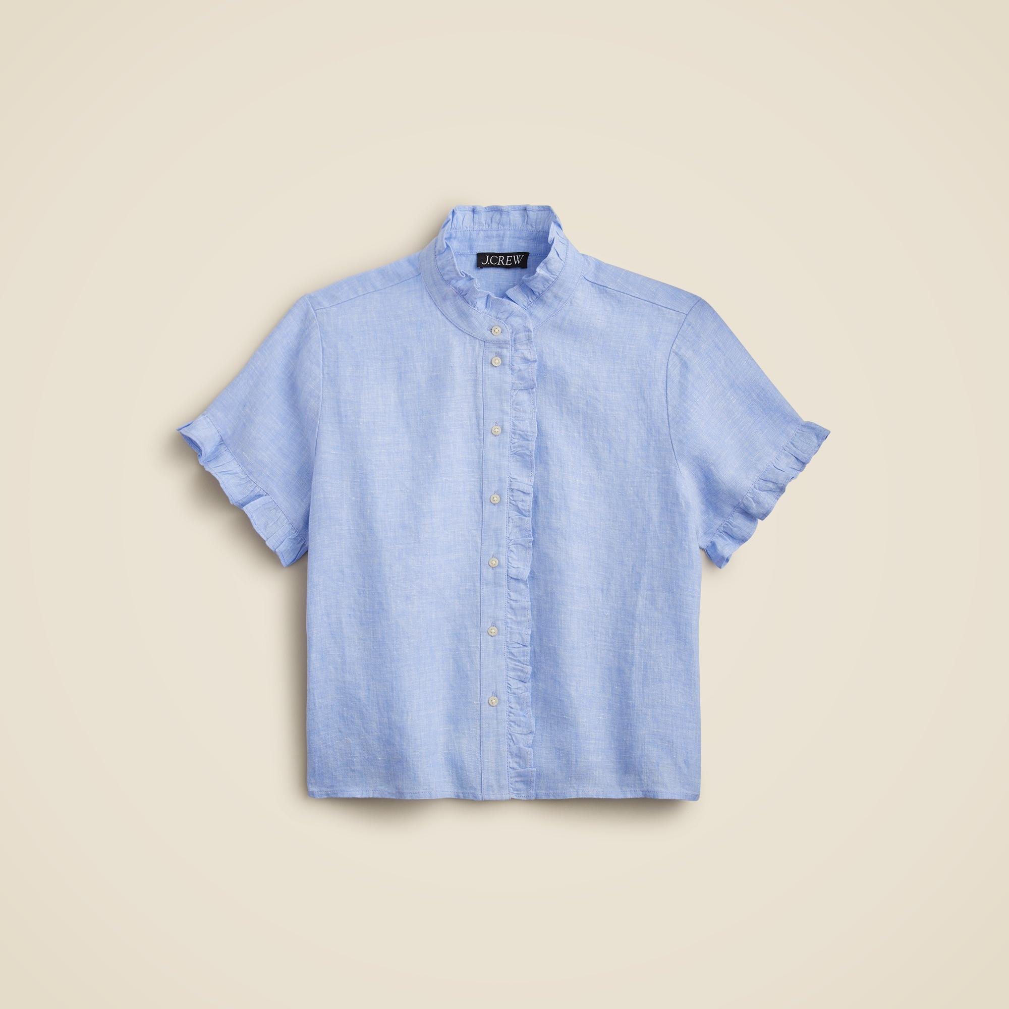 Ruffle-trim button-up shirt in linen Product Image