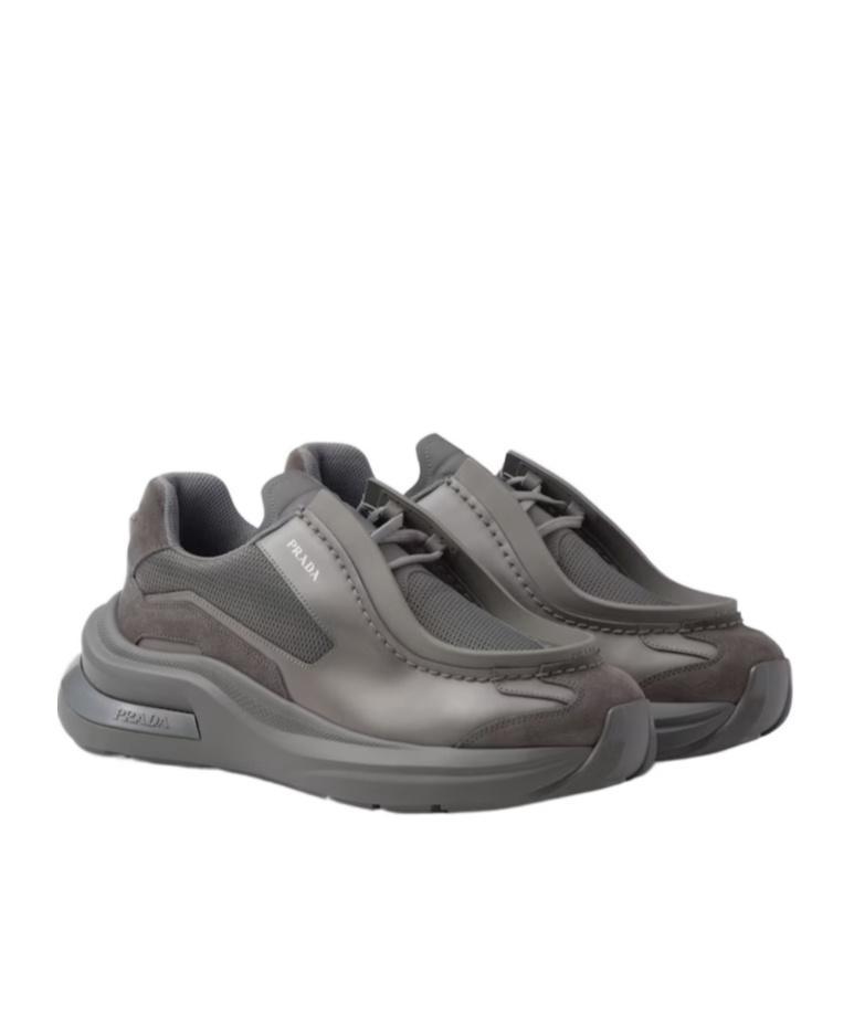 PRADA Systeme Brushed Leather Sneakers With Bike Fabric And Suede Elements In Grey Product Image