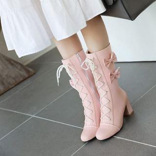 Lace-Up Bow Chunky Heel Mid-Calf Boots product image