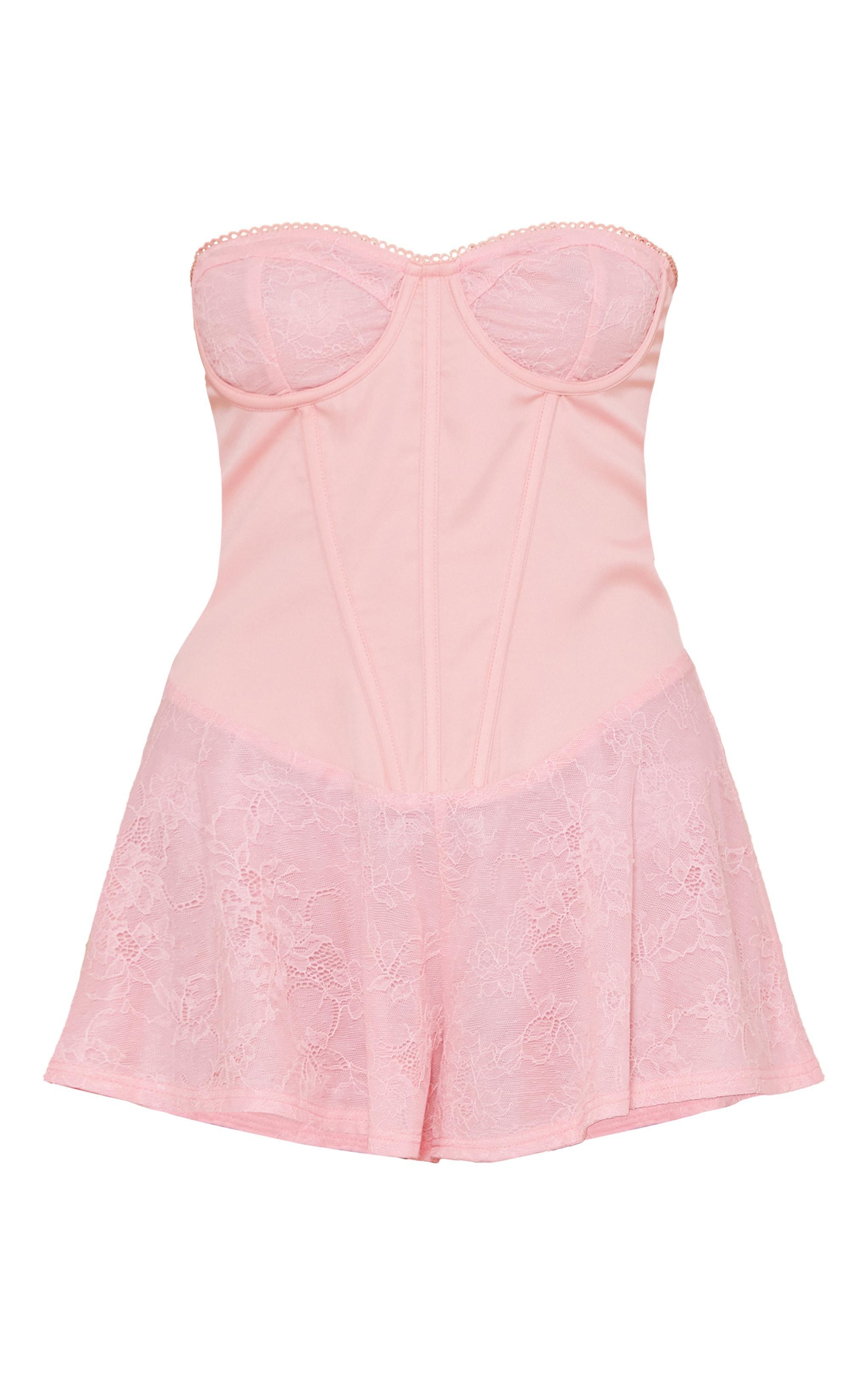 Dusty Pink Satin Corset Detail Lace Romper Product Image