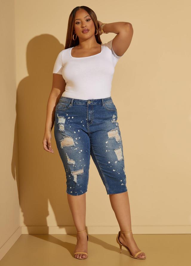 Plus Size Distressed Bleached Denim Capris Ashley Stewart Product Image