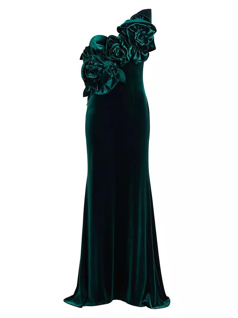 Solid Rosette Velvet One-Shoulder Gown Product Image