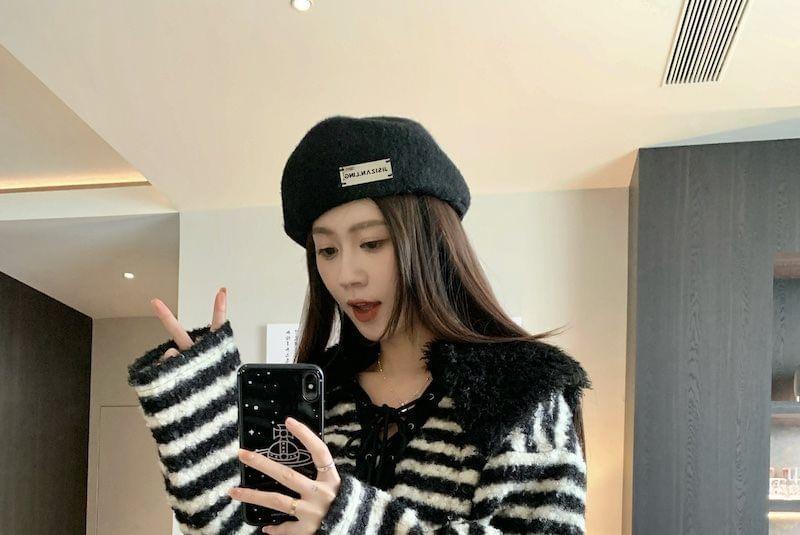 V-Neck Fleece Collar Striped Lace-Up Knit Top Product Image