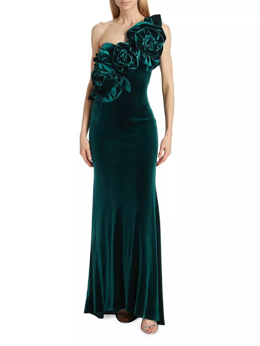 Solid Rosette Velvet One-Shoulder Gown Product Image