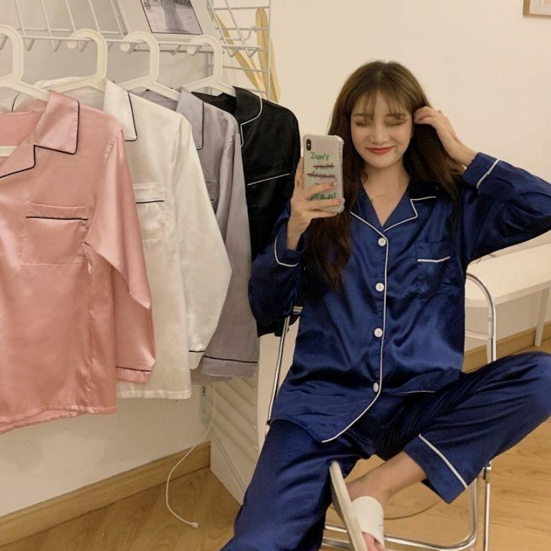 Pajama Set: Contrast Trim Shirt + Pants Product Image