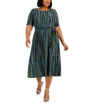 Plus Size Abstract-Print Belted Elbow-Sleeve Dress Product Image