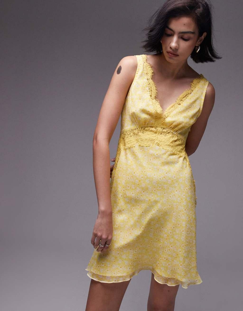 Topshop floral lace mini flippy dress in yellow print Product Image