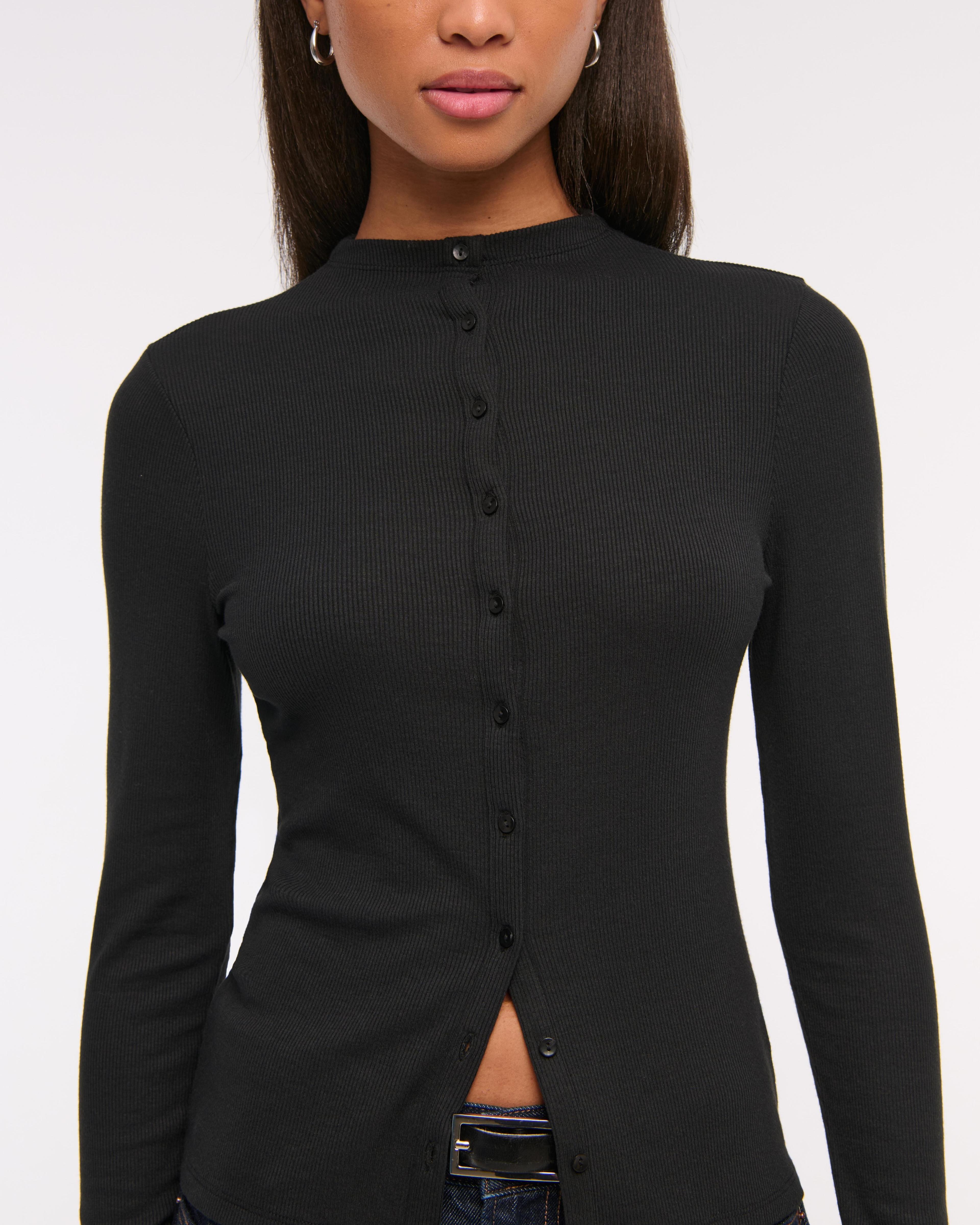 Long-Sleeve Mockneck Button-Through Top Product Image