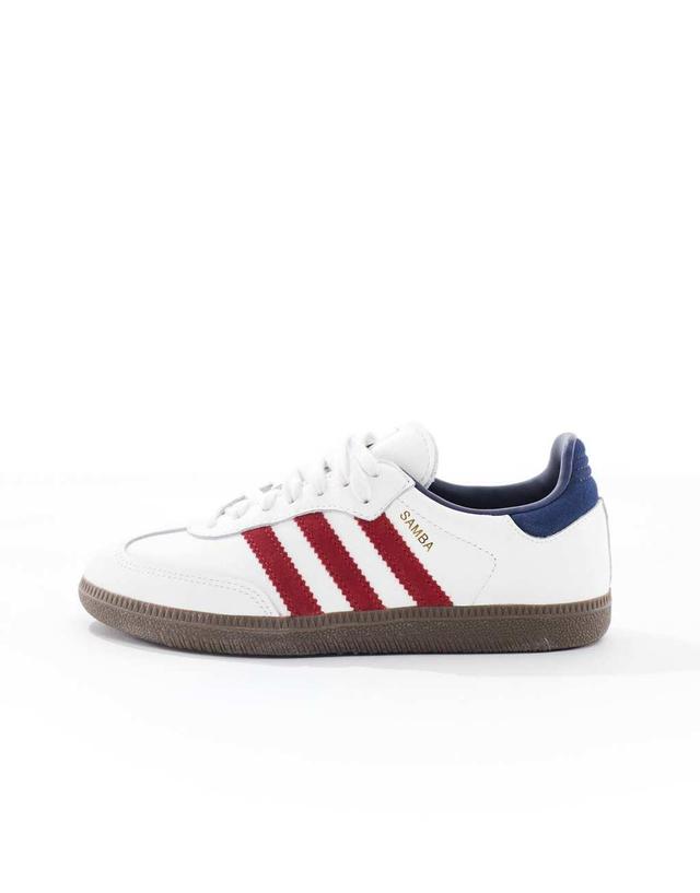 adidas Originals Samba OG sneakers in white and red with navy tab detail Product Image