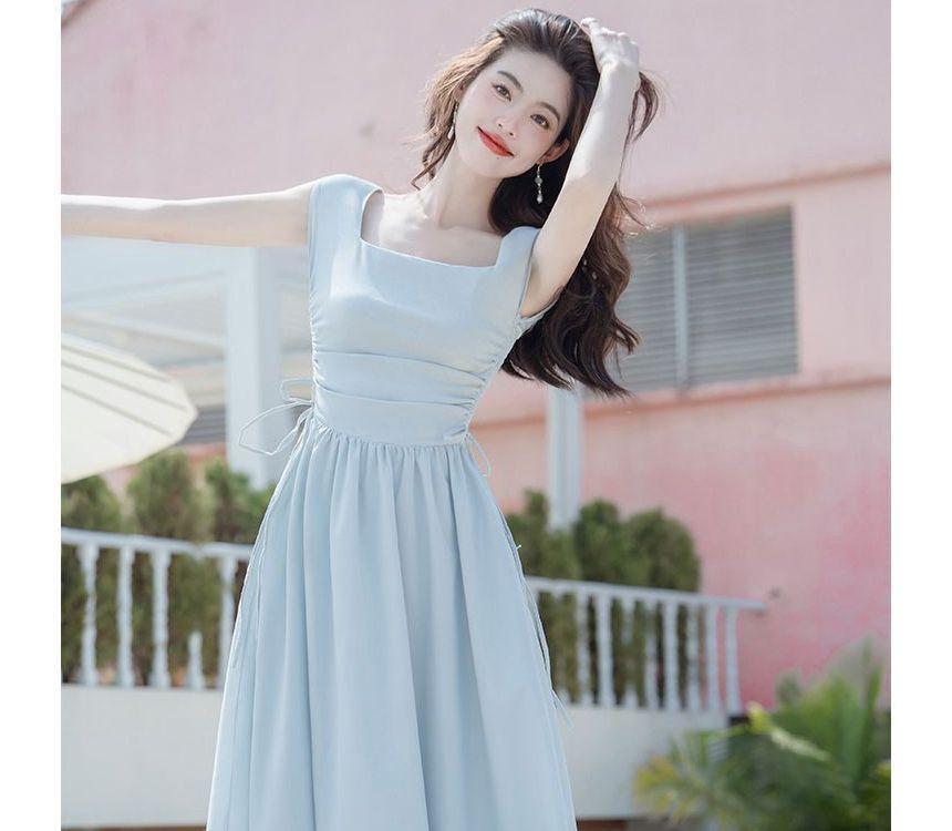 Cap-Sleeve Square Neck Plain Drawstring Maxi A-Line Dress Product Image