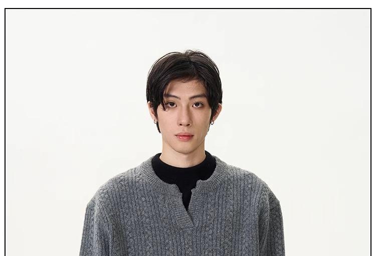 Notch Neck Plain Cable-Knit Sweater Product Image