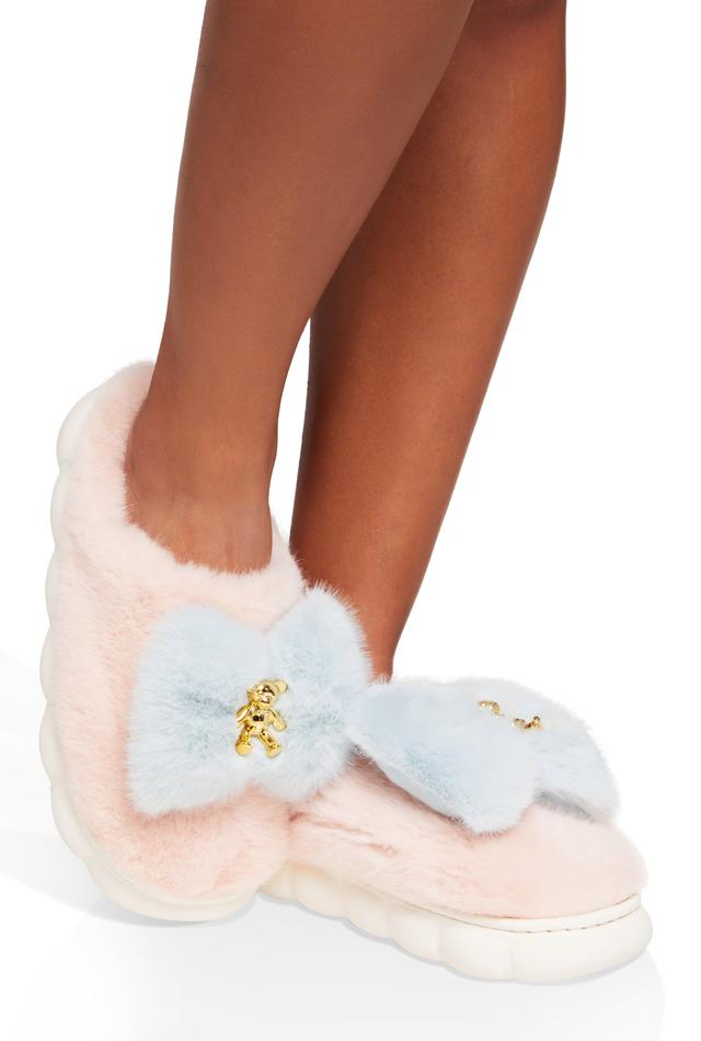 Womens Bow Bear Charm Faux Fur Slippers Product Image