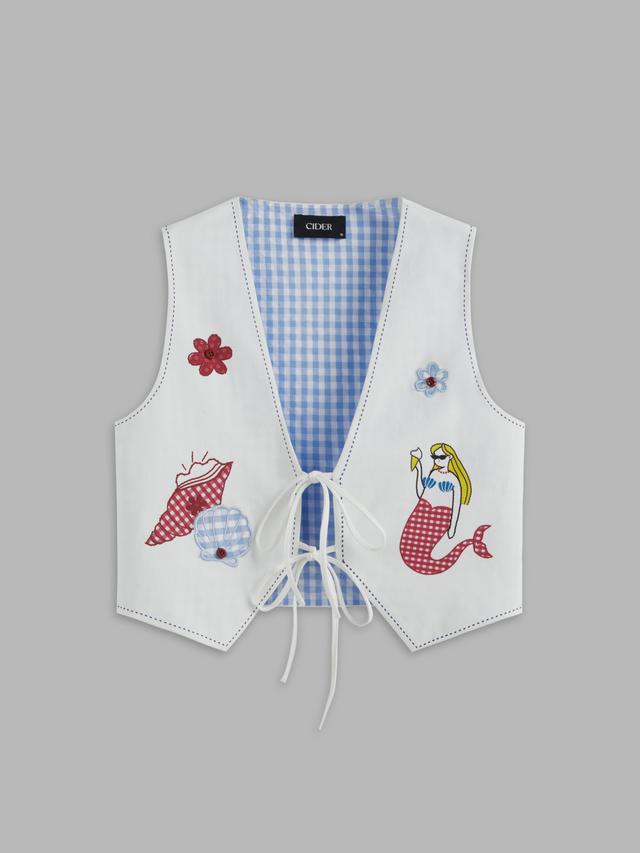 Reversible Gingham Shell & Mermaid Graphic Knotted Vest Product Image