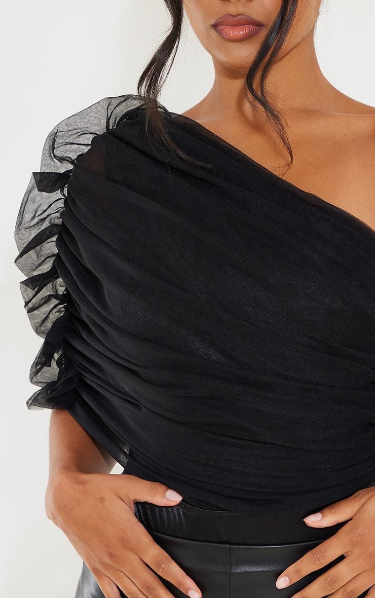 Black Sheer Ruffle One Shoulder Bodysuit Product Image