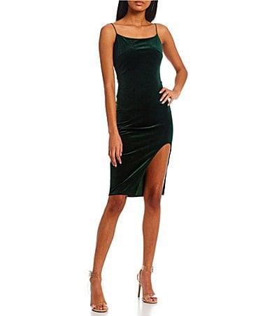 B. Darlin Spaghetti Strap Square Neck Side Slit Velvet Midi Slip Dress Product Image