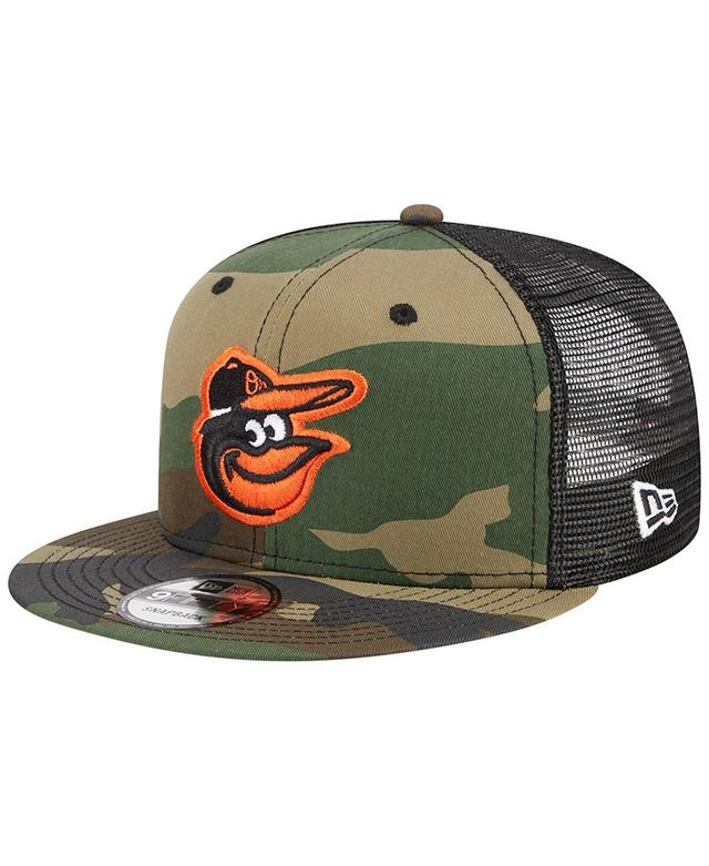 Mens New Era Camo Baltimore Orioles Woodland Camo Trucker 9FIFTY Snapback Hat Product Image