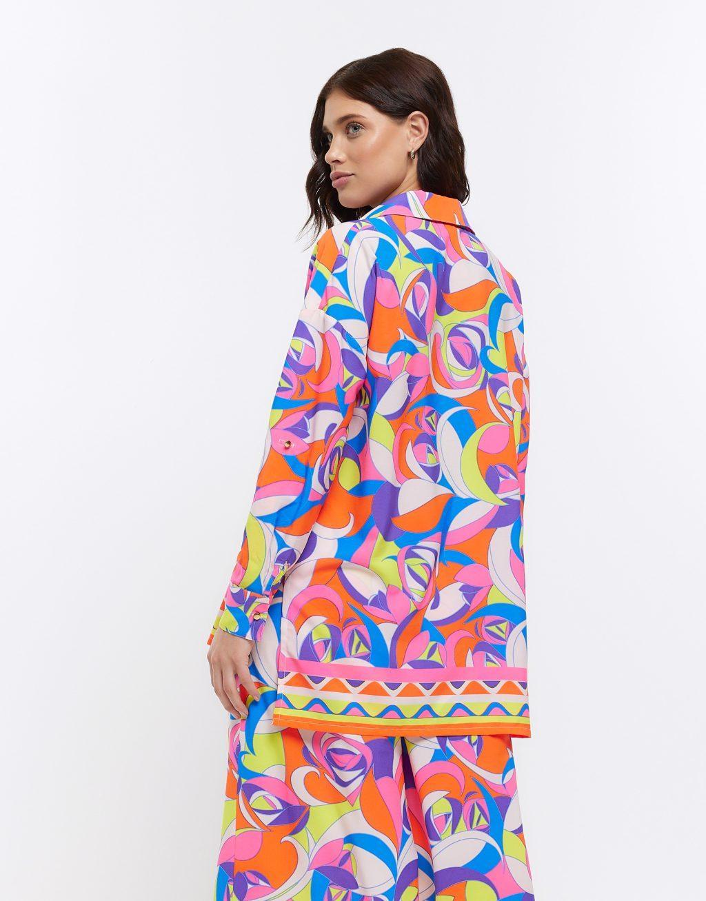 River Island abstract print oversized beach shirt in bright blue Product Image