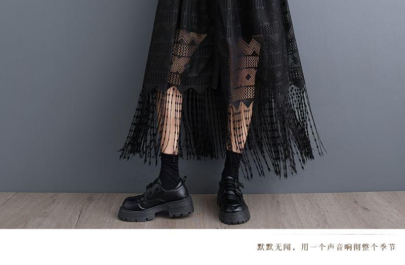 Long-Sleeve Lace Fringed Maxi Shirt Dress Product Image