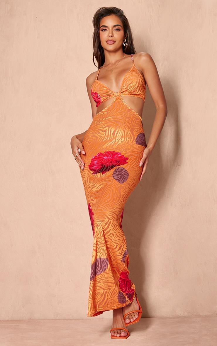  Orange Floral Print Devore Cut Out Maxi Dress Product Image