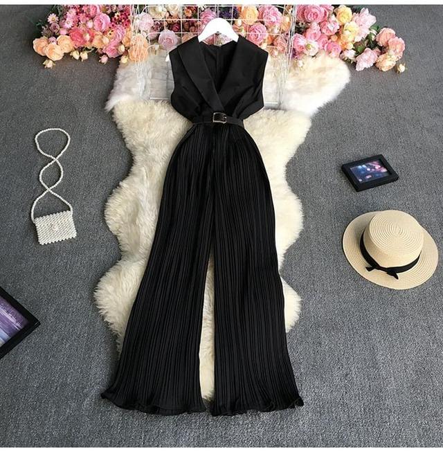 Sleeveless Plain Ribbed Belted Wide Leg Jumpsuit Product Image