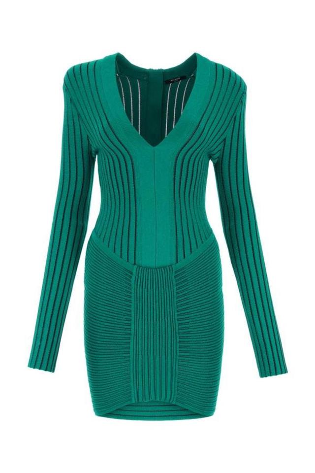 Metallic Ribbed-knit Mini Dress In Green Product Image