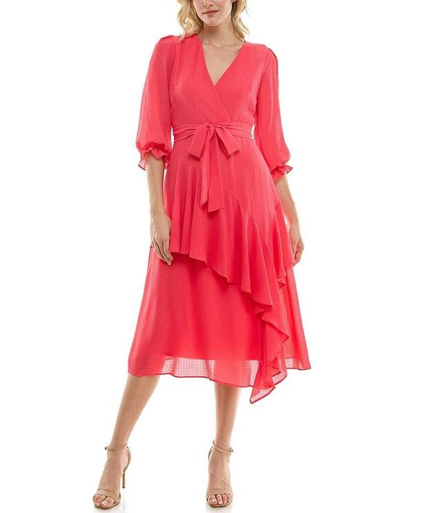 Maison Tara Asymmetrical Hem Tiered Ruffle 3/4 Sleeve V-Neck Faux Wrap Midi Dress Product Image