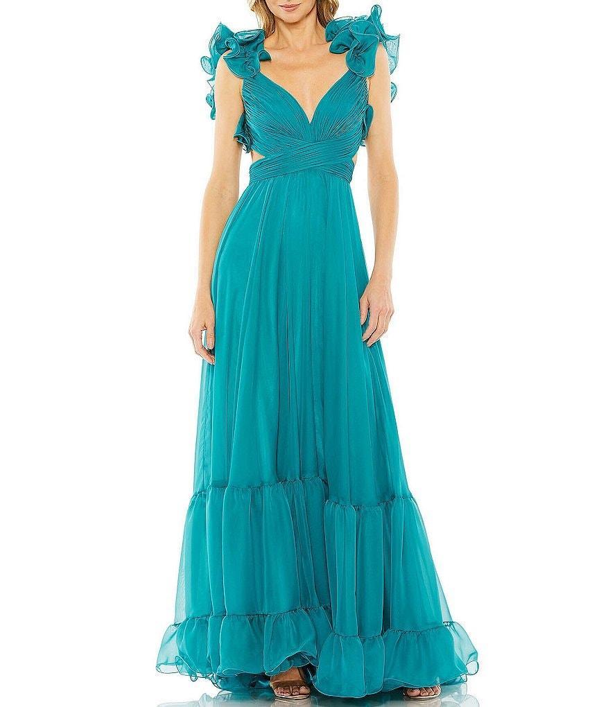 Ieena Mac Duggal Chiffon V-Neck Sleeveless Cut-Out Strappy Back Detail Tiered Ruffle Hem Gown Product Image