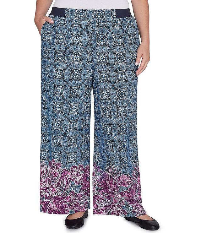 Ruby Rd. Plus Size Crepe Knit Floral Border Print Wide-Leg Pull-On Pants Product Image