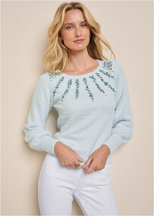 Venus Womens Pullover Sweaters - Ice Blue Gemstone-Detail Crewneck Sweater - Women & Plus Product Image