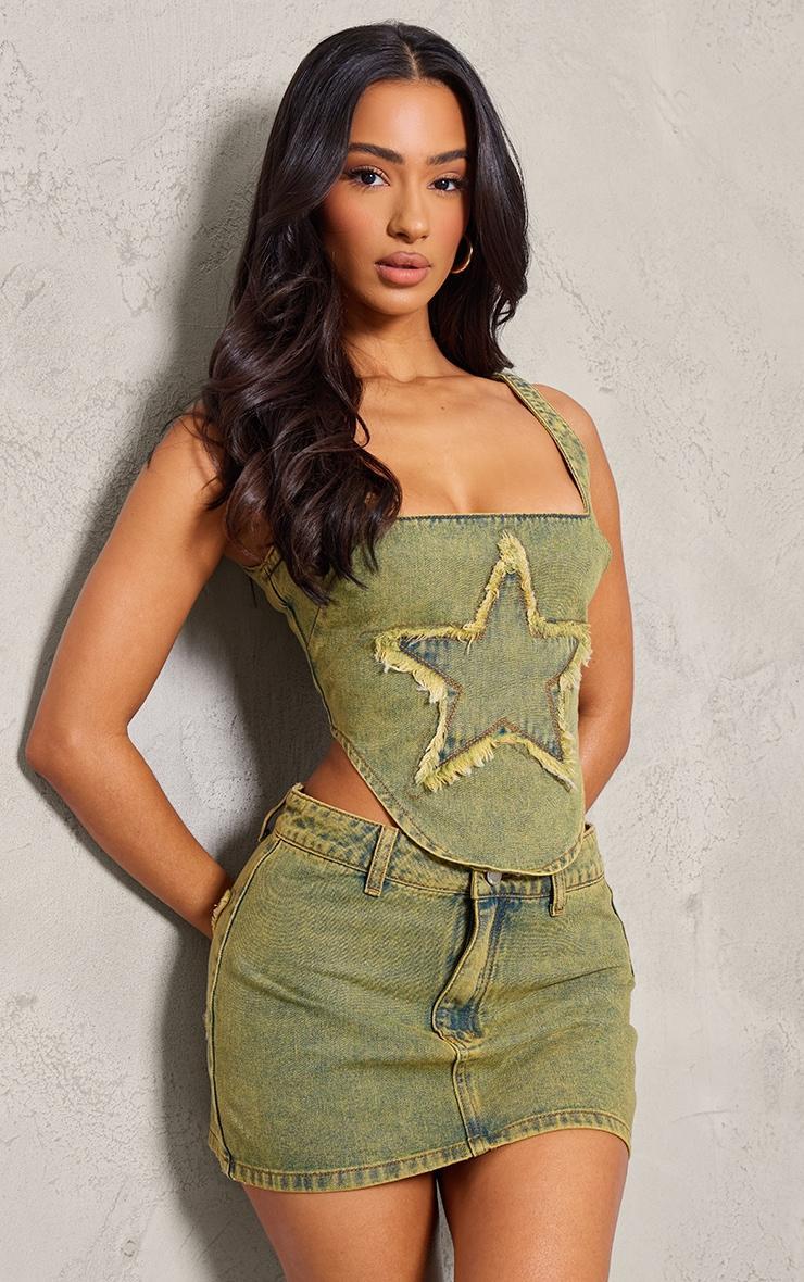 Petite Washed Green Denim Star Embriodered Mini Skirt Product Image