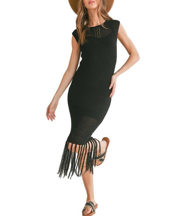 Sage The Label Mila Knitted Crochet Round Neck Sleeveless Fringe Hem Midi Dress Product Image