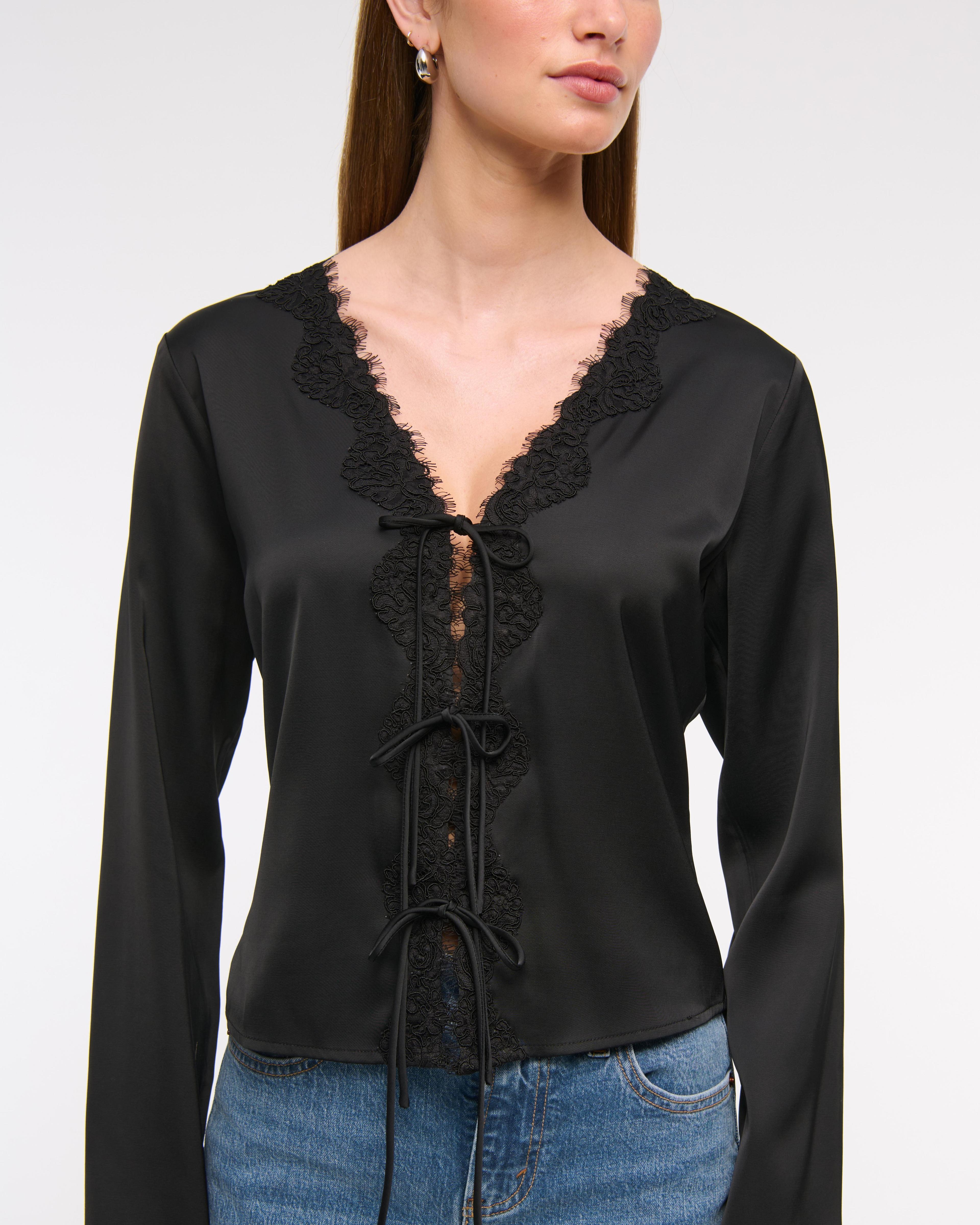 Long-Sleeve Lace-Trim Tie-Front Top Product Image