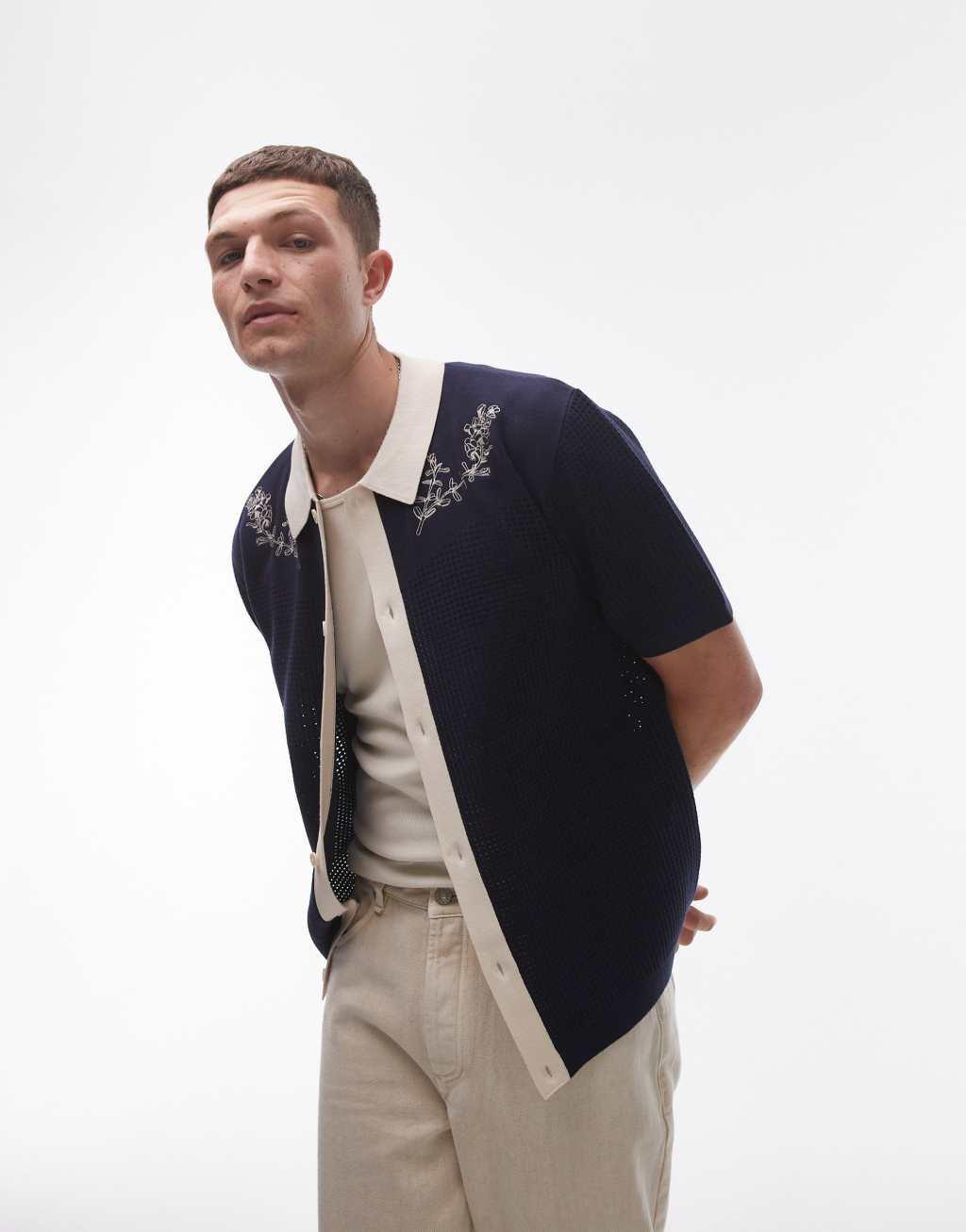 Topman relaxed embroidered knitted shirt in navy Product Image