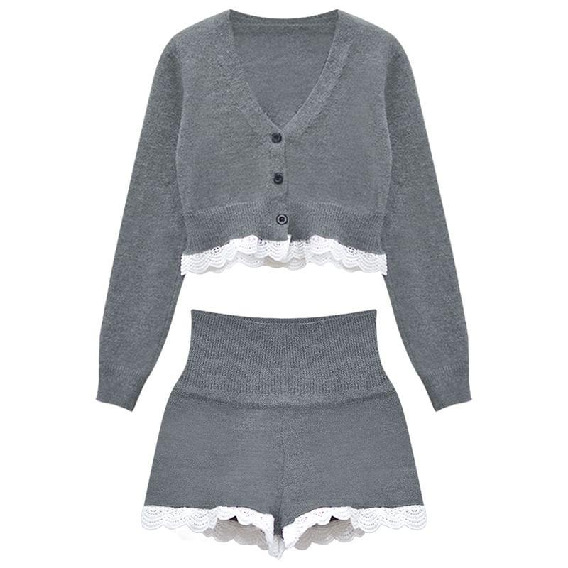 Set: V-Neck Plain Lace Trim Cropped Cardigan + High Waist Hot Pants Product Image