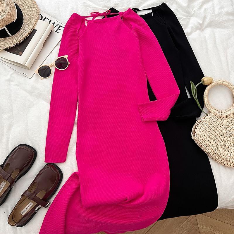 Long-Sleeve Cutout Knit Maxi Sheath Dress Product Image