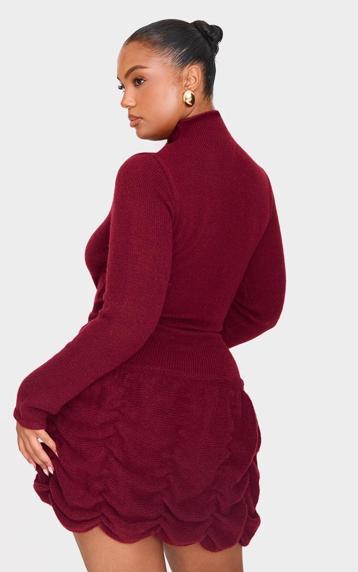 Plus Burgundy High Neck Knitted Puffball Mini Dress Product Image