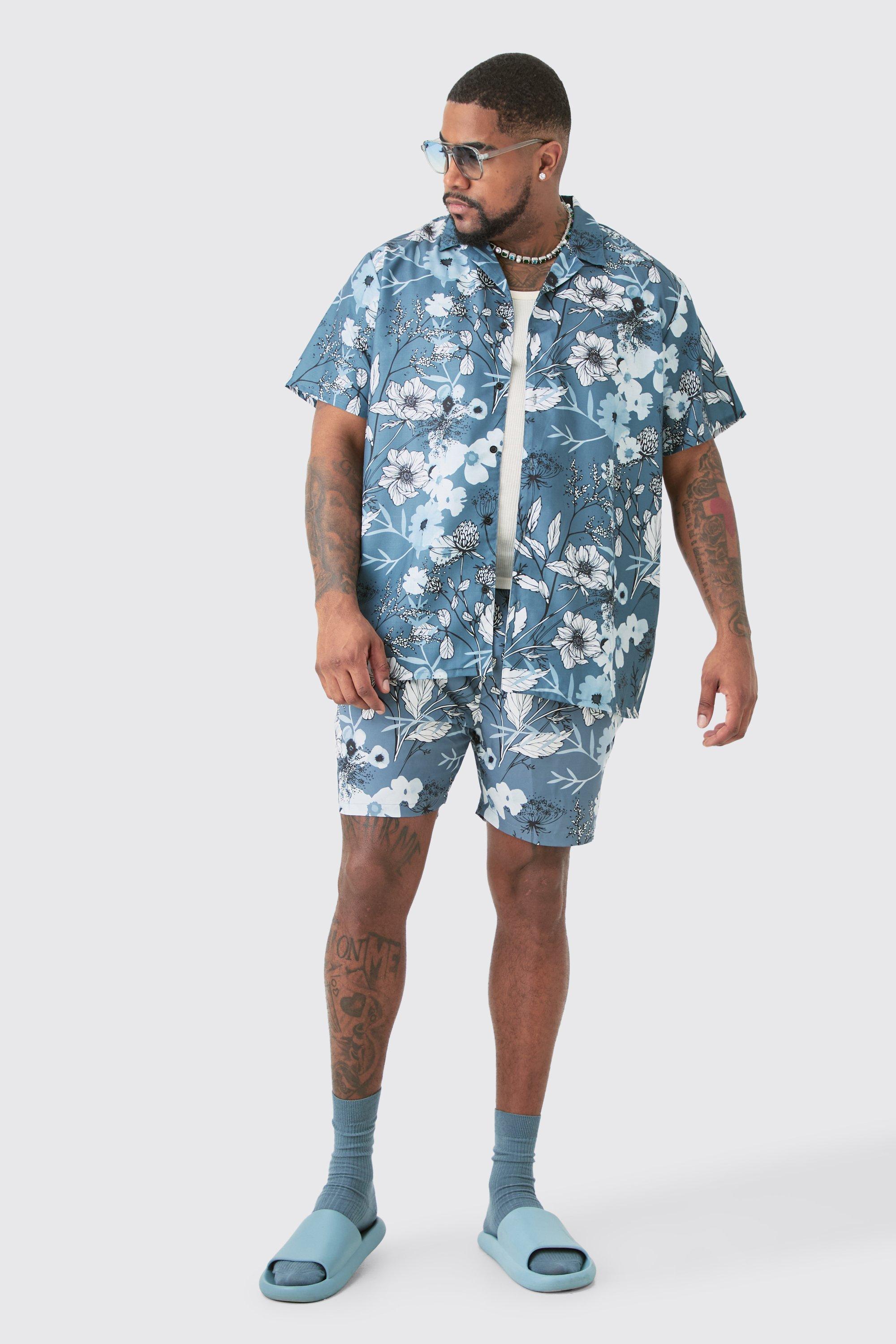 Plus Regular Floral Print Shirt & Swim Trunks Set | boohooMAN USA Product Image