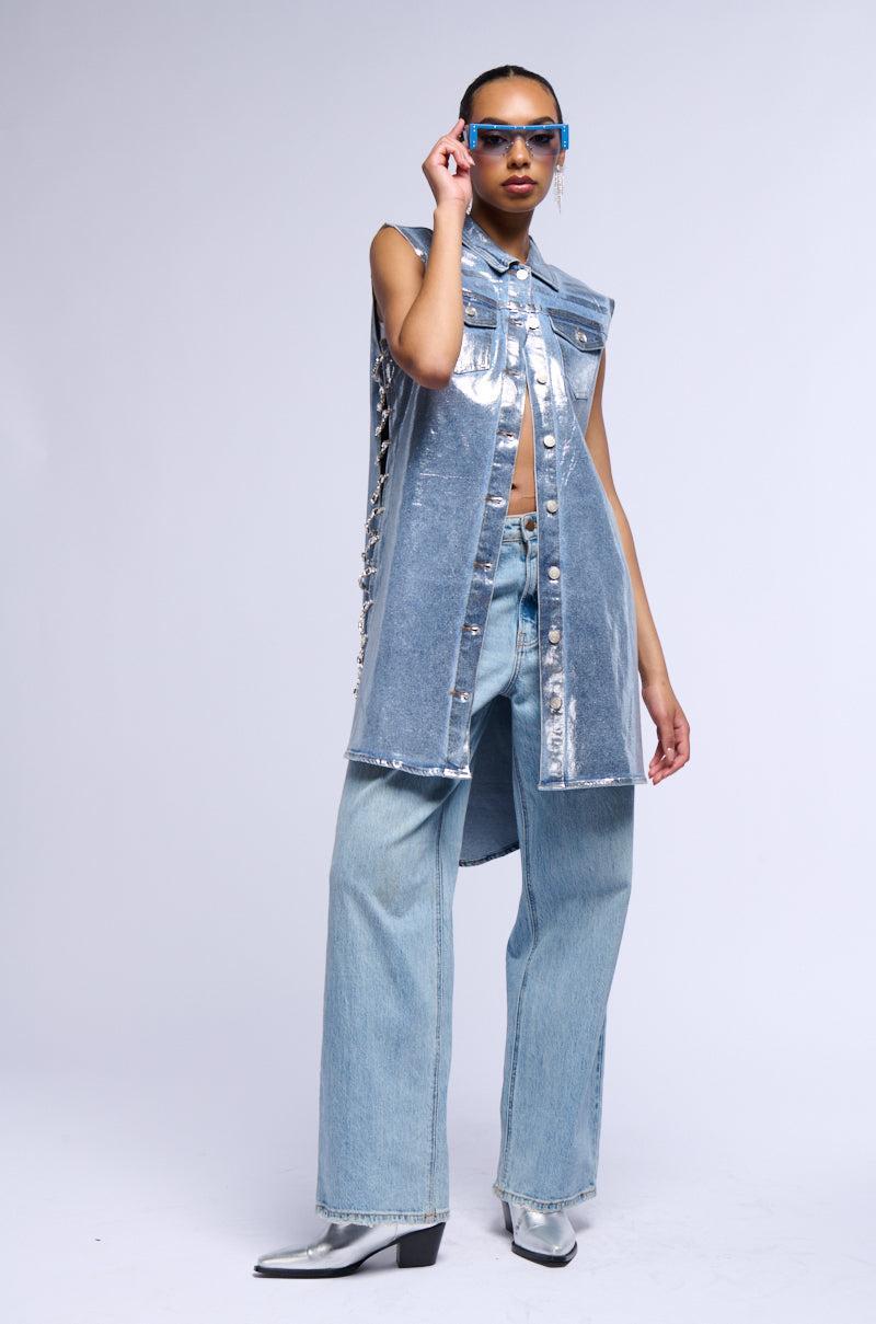 VEGAS RHINESTONE TRIM METALLIC DENIM VEST Product Image