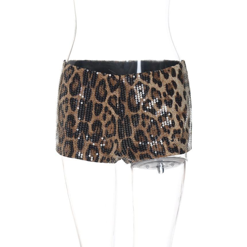 Low Rise Leopard Print Sequined Shorts Product Image