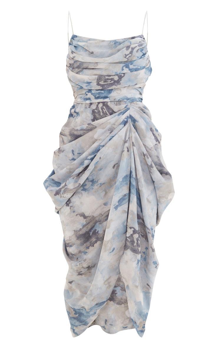 Grey Abstract Print Chiffon Ruched Drape Midi Dress Product Image