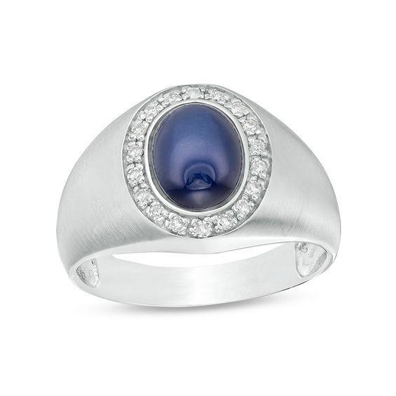 Men's Oval Lab-Created Star Blue Sapphire and 1/8 CT. T.w. Diamond Frame Signet Ring in 10K White Gold Product Image