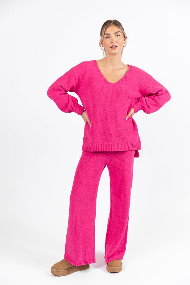 Cozy For Keeps Hot Pink V-Neck Sweater Product Image