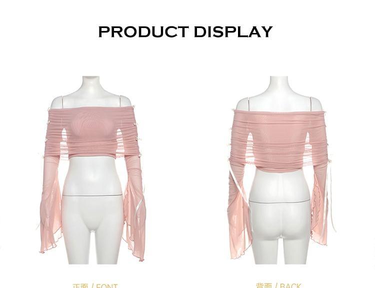 Flared-Sleeve Plain Ruched Bow Crop Top Product Image