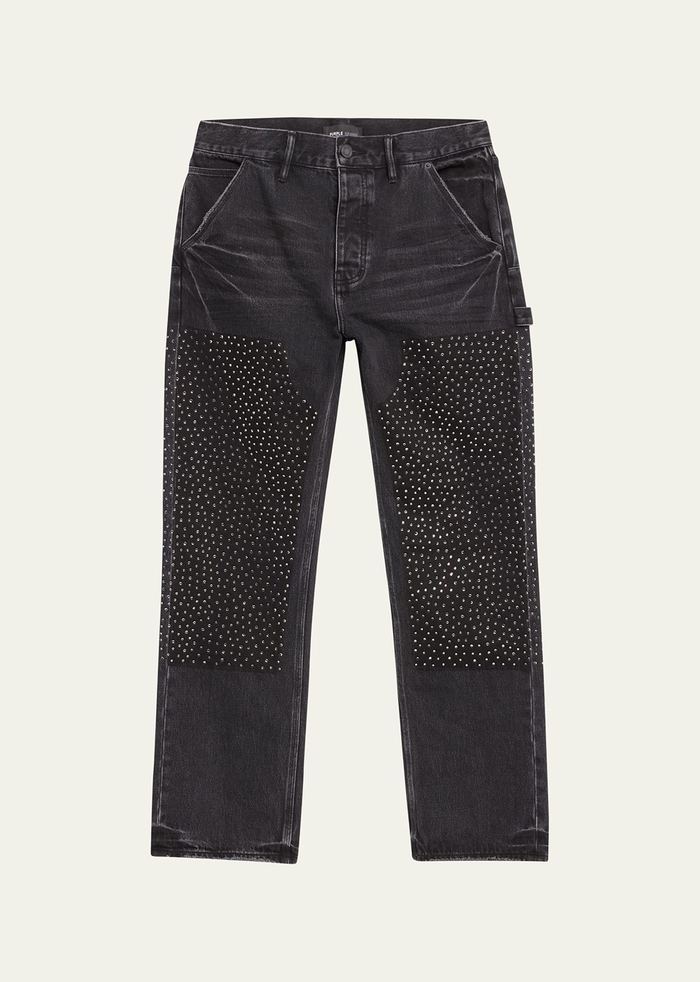 Mens Crystal-Embellished Denim Relaxed-Fit Carpenter Pants Product Image