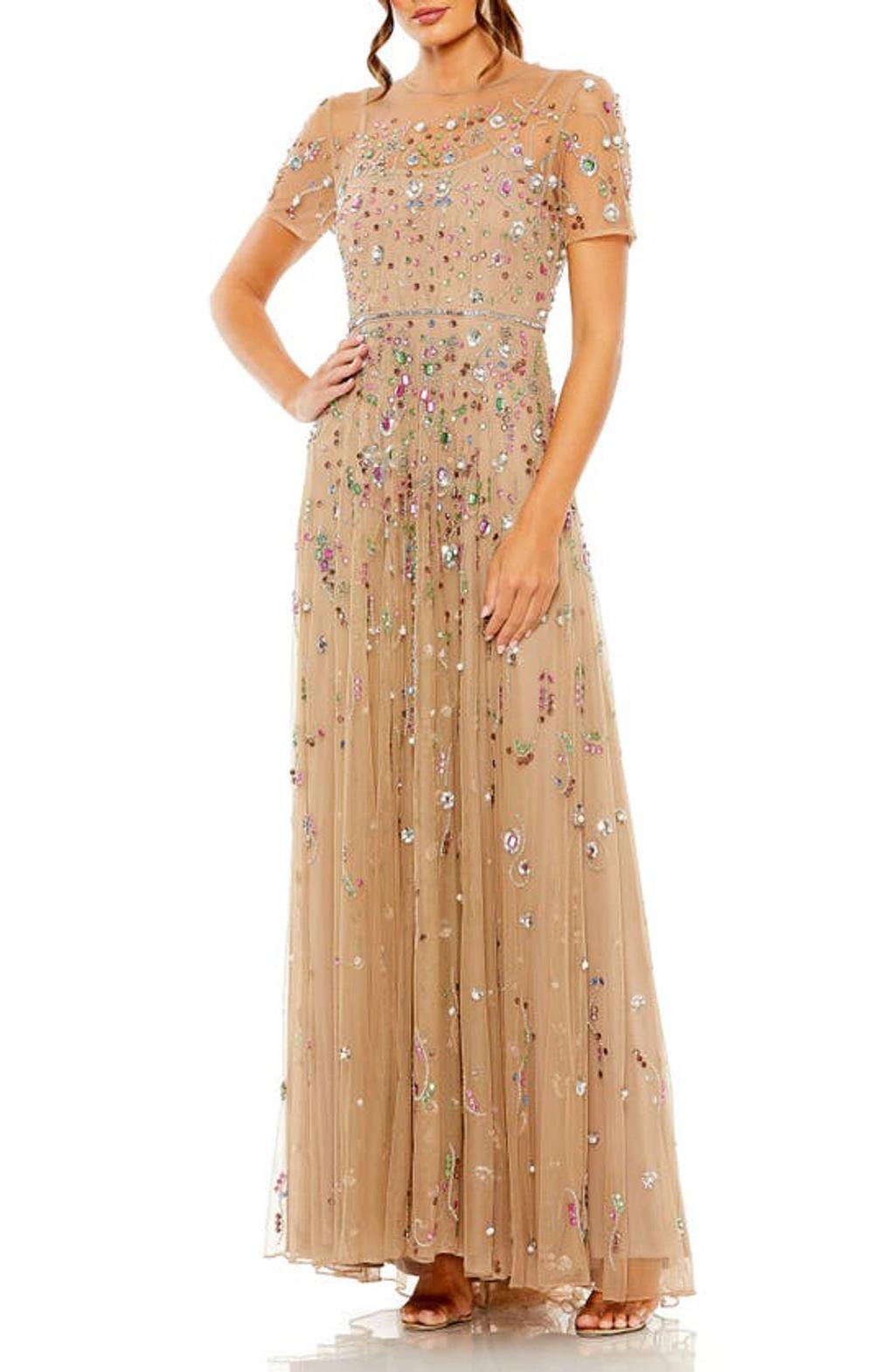 Embellished Sequin Detail A-line Gown In Beige Product Image