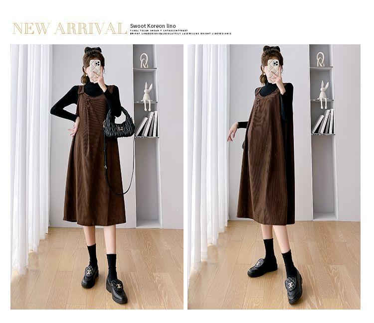 Maternity Mock Neck Plain Ribbed Sweater / Midi Dungaree Dress / Set Product Image