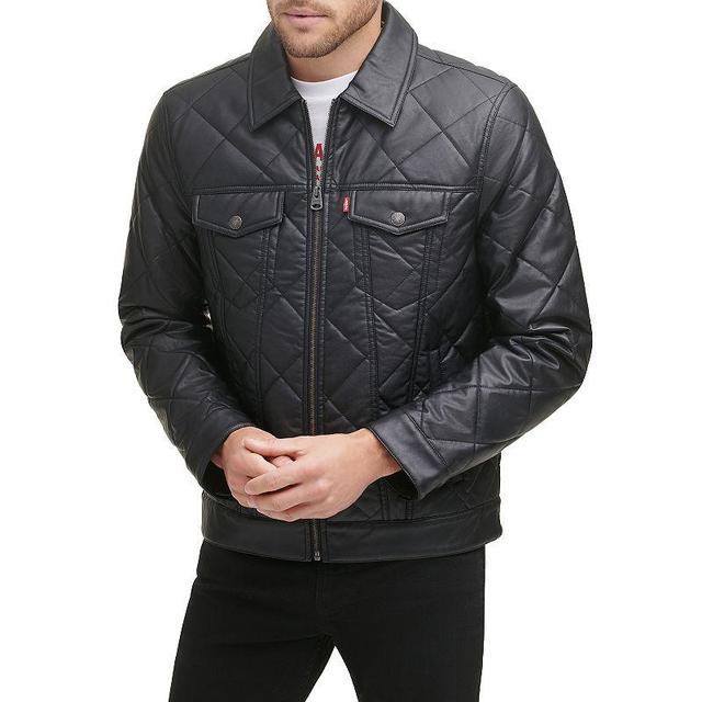 Mens Levis Faux-Leather Diamond Quilted Trucker Jacket Black Product Image