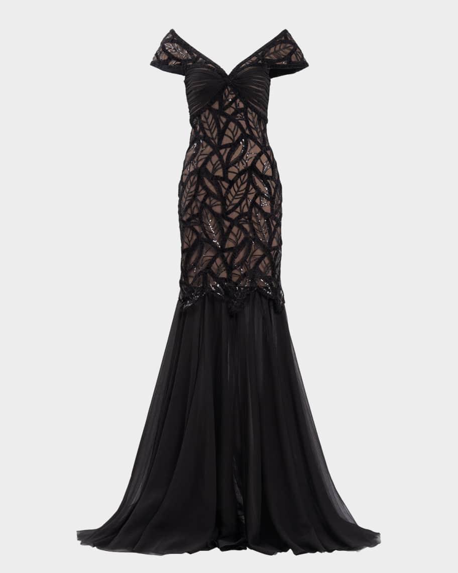 Cap-Sleeve Sequin Velvet Lace Gown Product Image